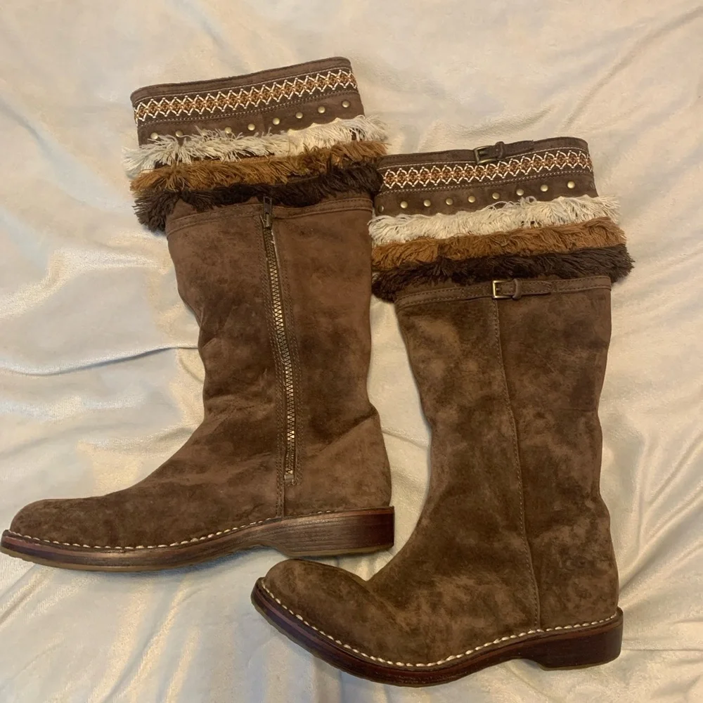 UGG Kiera chocolate Brown Suede tall fest Boots with Fringe embroidered size 9